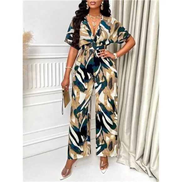 Allover Print Batwing Sleeve Belted Jumpsuit For Summer
